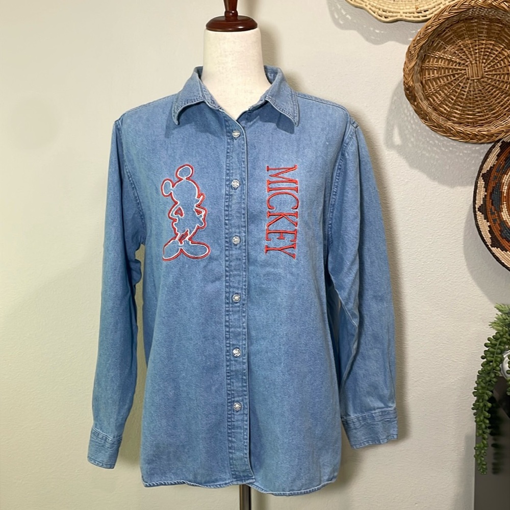 Cool Vintage Mickey Mouse Unlimited Button Up Denim Shirt Embroidered Medium
